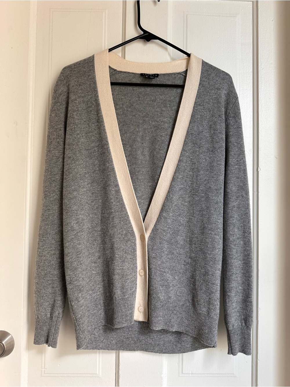 Theory Cashmere Grey & Cream V-Neck Button Cardigan Sweater